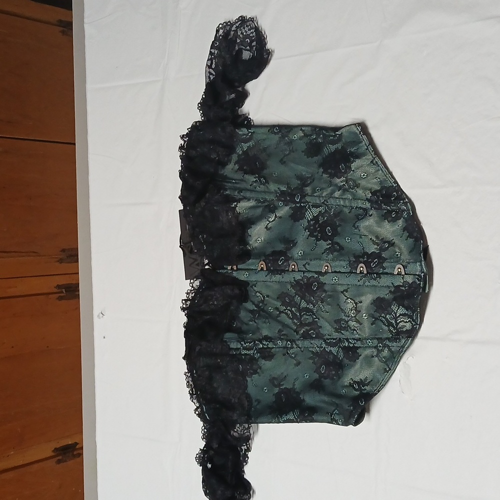 Dolls Kill Widow Gothic Green & Black Lace Off Shoulder Corset Top w/ Boning XL